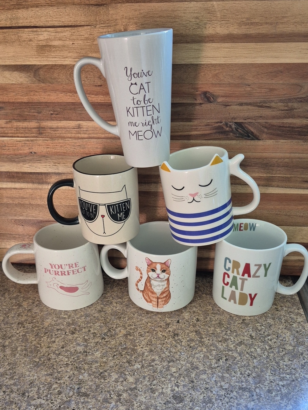 Cat Mugs. Set Of 6. Various Designs. Meow. Crazy Cat Lady. Kitten. Kitty.